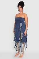 Womens Plus Size Ruffle Fringe Strapless Denim Maxi Top, Blue, Size 3X