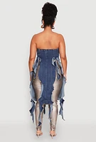 Womens Plus Size Ruffle Fringe Strapless Denim Maxi Top, Blue, Size 3X