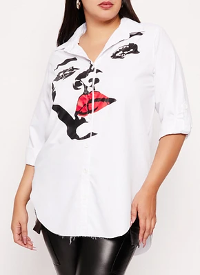 Womens Plus Size Face Print Button Front Shirt, White, Size 1X