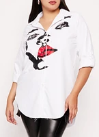 Womens Plus Face Print Button Front Shirt, White,