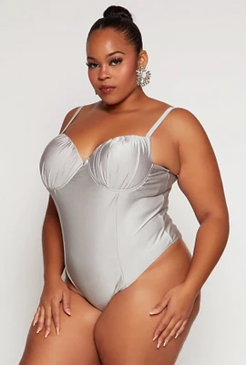 Womens Plus Size Ruched Detail Bustier Bodysuit, Silver, Size 1X