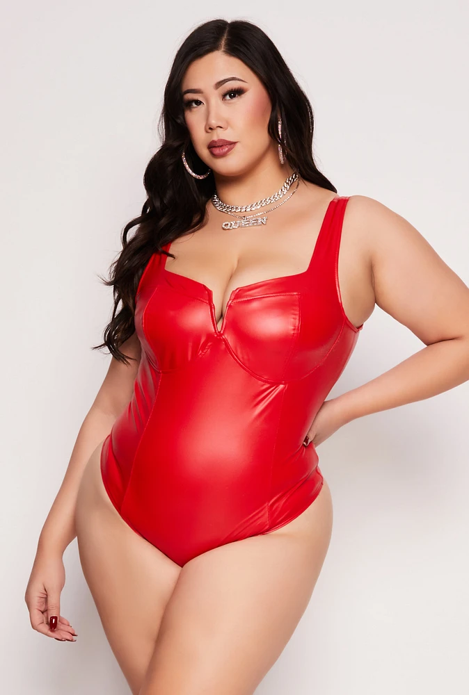 Womens Plus Size Iris Faux Leather Notch Neck Bustier Bodysuit, Red, Size 2X