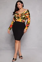 Womens Plus Size Patterned Twist Front Bodysuit, Multi, Size 3X