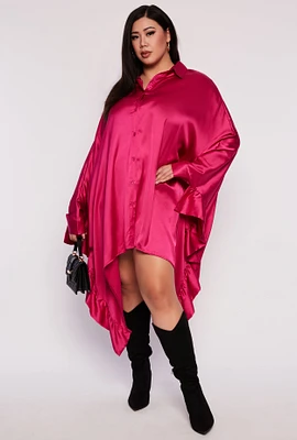 Womens Plus Size Satin Oversized Ruffled Batwing Shirt Dress, Pink, Size 3X