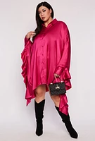 Womens Plus Size Satin Oversized Ruffled Batwing Shirt Dress, Pink, Size 3X