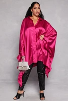 Womens Plus Size Satin Oversized Ruffled Batwing Shirt Dress, Pink, Size 3X