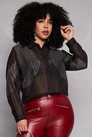 Womens Plus Size Rhinestone Organza Top, Black, Size 3X