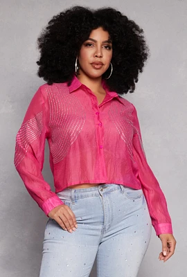 Womens Plus Rhinestone Organza Top,