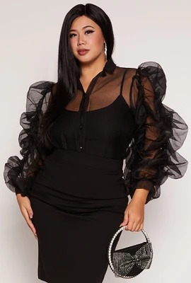 Womens Plus Size Organza Ruched Sleeve Button Front Blouse, Black, Size 1X