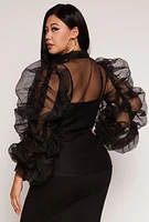 Womens Plus Size Organza Ruched Sleeve Button Front Blouse, Black, Size 1X