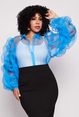 Womens Plus Size Organza Ruched Sleeve Button Front Blouse, Blue, Size 1X