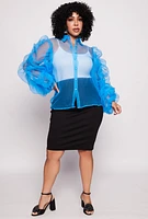 Womens Plus Size Organza Ruched Sleeve Button Front Blouse, Blue, Size 1X