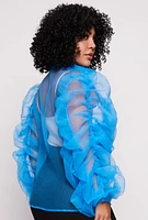 Womens Plus Size Organza Ruched Sleeve Button Front Blouse, Blue, Size 1X