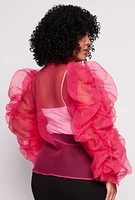 Womens Plus Size Organza Ruched Sleeve Button Front Blouse, Pink, Size 1X