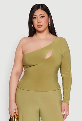 Womens Plus Size One Shoulder Keyhole Top, Green, Size 2X