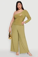 Womens Plus Size One Shoulder Keyhole Top, Green, Size 2X