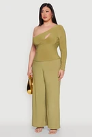 Womens Plus Size One Shoulder Keyhole Top, Green, Size 2X