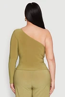 Womens Plus Size One Shoulder Keyhole Top, Green, Size 2X