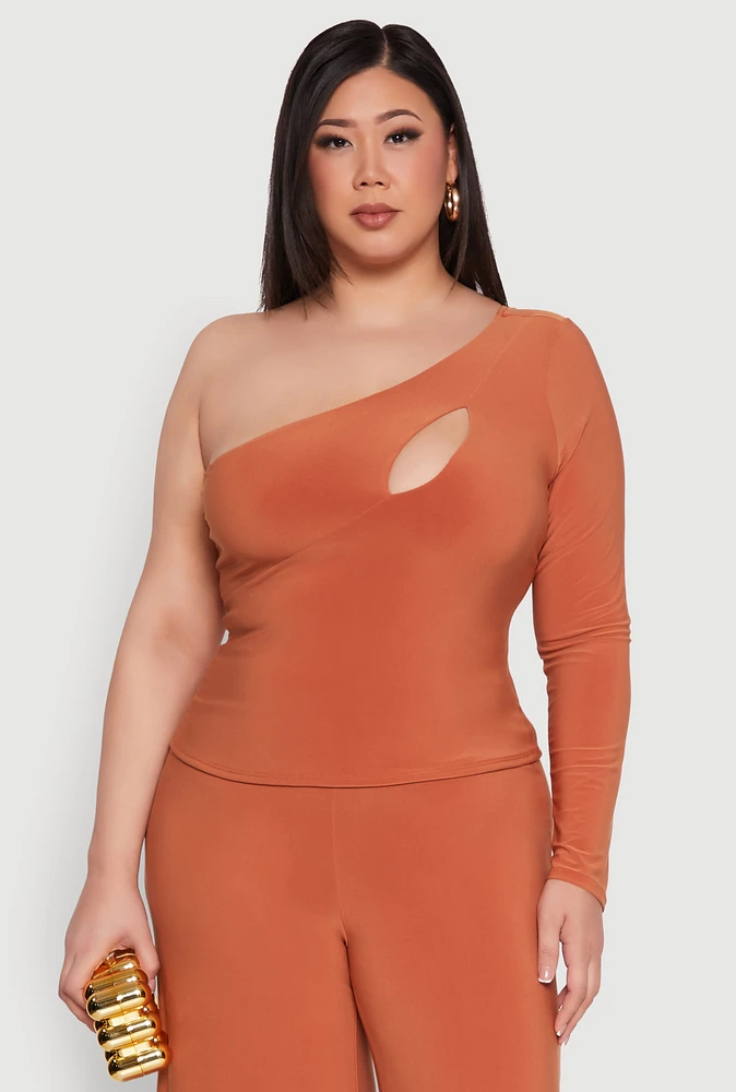 Womens Plus Size One Shoulder Keyhole Top, Orange, Size 1X
