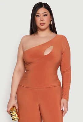 Womens Plus Size One Shoulder Keyhole Top, Orange, Size 1X