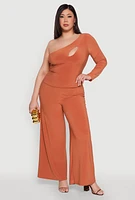 Womens Plus Size One Shoulder Keyhole Top, Orange, Size 1X