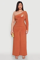 Womens Plus Size One Shoulder Keyhole Top, Orange, Size 1X