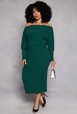 Womens Plus Size Ribbed Knit Midi Skirt, Green, Size 2X