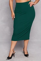 Womens Plus Size Ribbed Knit Midi Skirt, Green, Size 2X