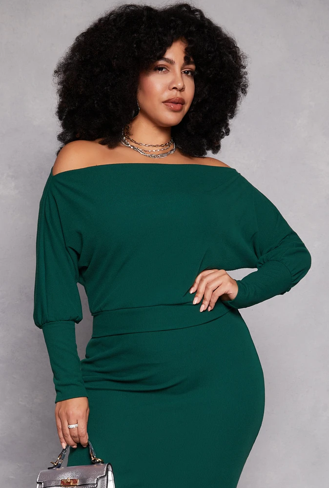 Womens Plus Size Off The Shoulder Long Sleeve Top, Green, Size 3X