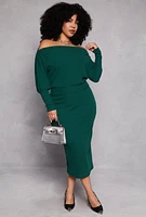 Womens Plus Size Off The Shoulder Long Sleeve Top, Green, Size 3X