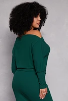 Womens Plus Size Off The Shoulder Long Sleeve Top, Green, Size 3X