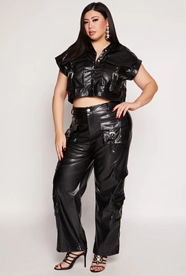 Womens Plus Size Faux Leather Western Buckle Cargo Pants, Black, Size 3X