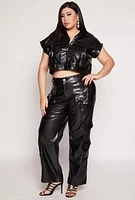 Womens Plus Size Faux Leather Western Buckle Cargo Pants, Black, Size 3X