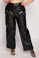 Womens Plus Size Faux Leather Western Buckle Cargo Pants, Black, Size 3X