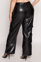 Womens Plus Size Faux Leather Western Buckle Cargo Pants, Black, Size 2X