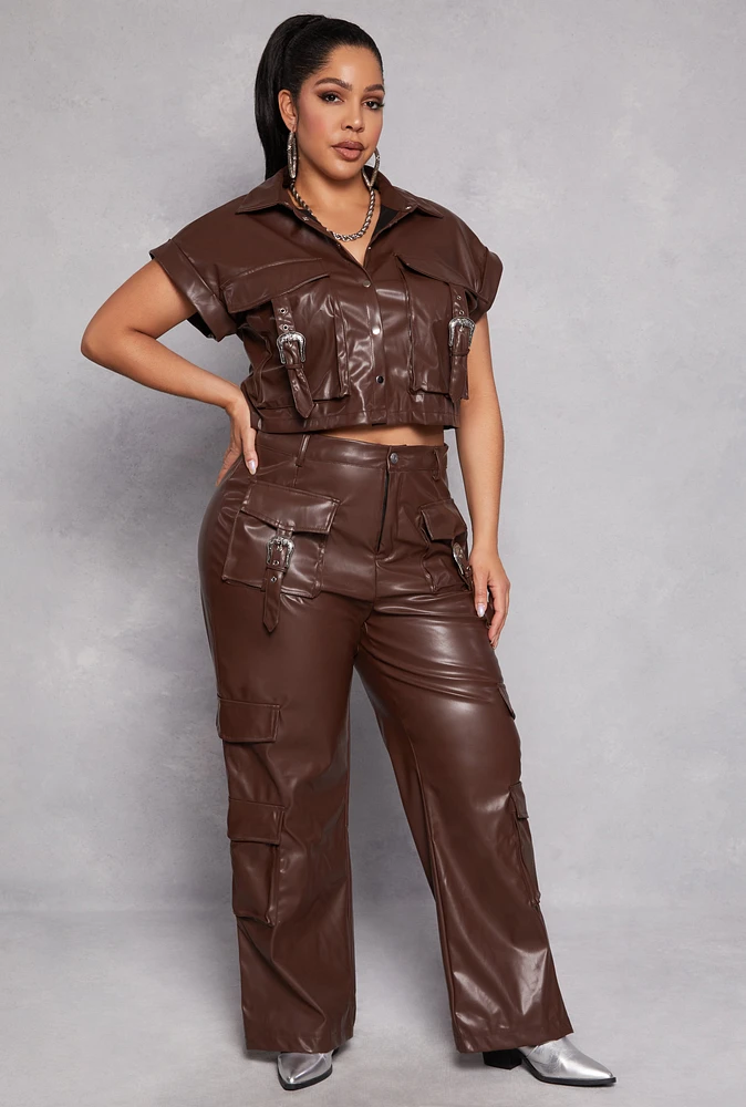 Womens Plus Size Faux Leather Western Buckle Cargo Pants, Brown, Size 2X