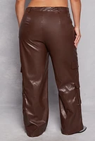 Womens Plus Size Faux Leather Western Buckle Cargo Pants, Brown, Size 2X