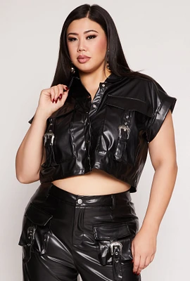 Womens Plus Size Faux Leather Western Buckle Crop Top, Black, Size 1X
