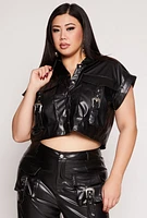 Womens Plus Size Faux Leather Western Buckle Crop Top, Black, Size 1X