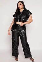 Womens Plus Size Faux Leather Western Buckle Crop Top, Black, Size 1X