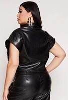 Womens Plus Size Faux Leather Western Buckle Crop Top, Black, Size 1X