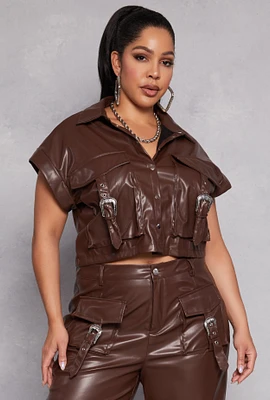 Womens Plus Size Faux Leather Western Buckle Crop Top, Brown, Size 1X