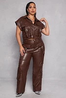 Womens Plus Size Faux Leather Western Buckle Crop Top, Brown, Size 1X
