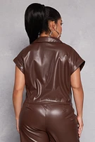 Womens Plus Size Faux Leather Western Buckle Crop Top, Brown, Size 1X
