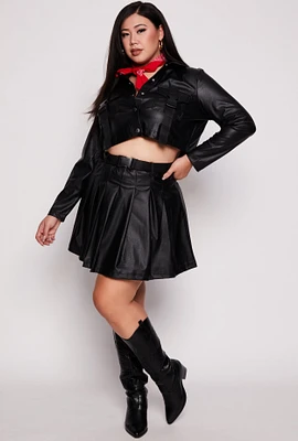 Womens Plus Size Belted Faux Leather Pleated Skirt, Black, Size 2X
