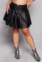 Womens Plus Size Belted Faux Leather Pleated Skirt, Black, Size 3X