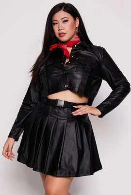 Womens Plus Size Faux Leather Cropped Shacket, Black, Size 2X