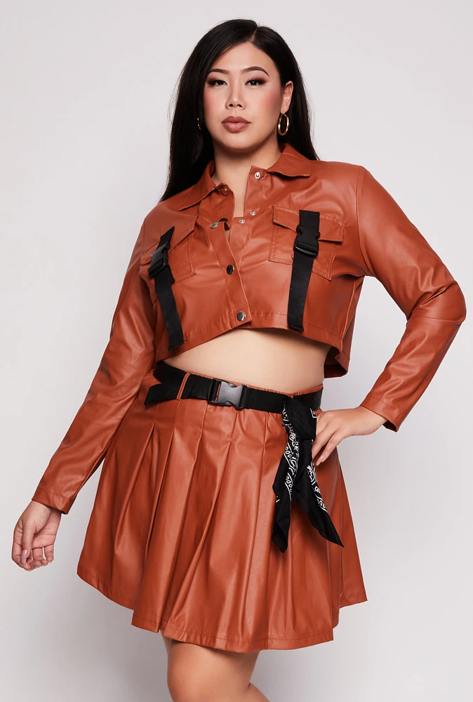 Womens Plus Size Faux Leather Cropped Shacket, Brown, Size 2X