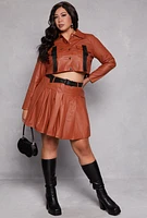 Womens Plus Size Faux Leather Cropped Shacket, Brown, Size 1X