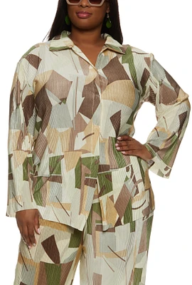 Womens Plus Size Plisse Printed Button Front Shirt, Multi, Size 2X